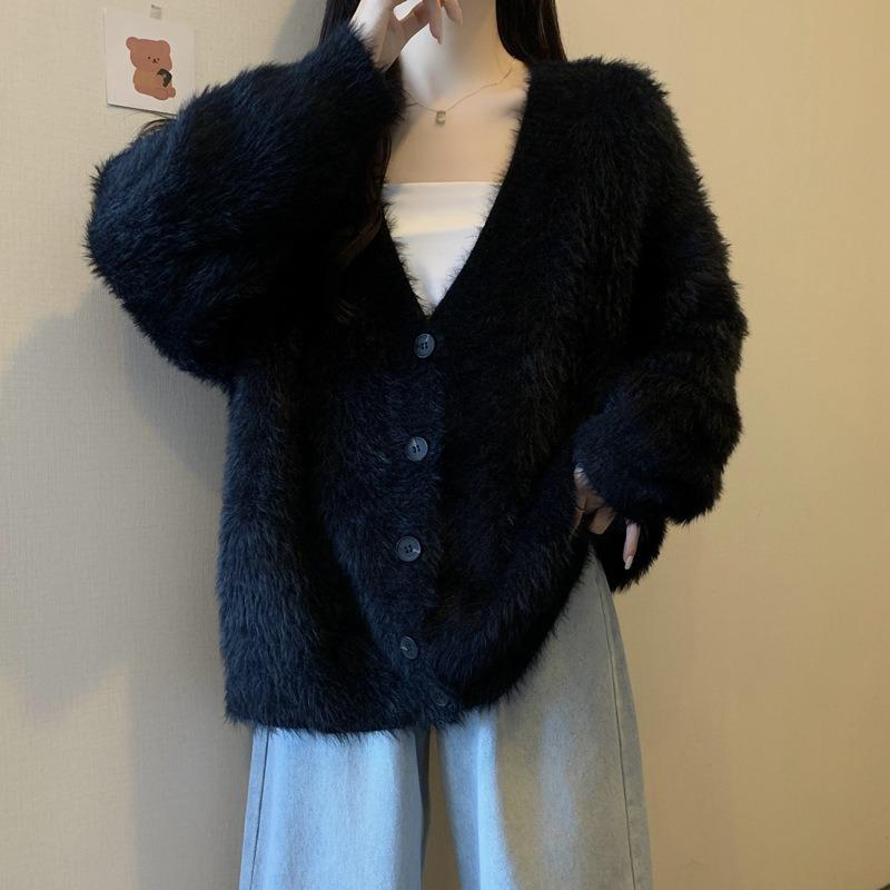 Soft Waxy Solid Color Gentle Wind Imitation Mink Velvet V-neck Knitted Cardigan Women's Autumn and Winter New Loose Lazy Sweater Jacket