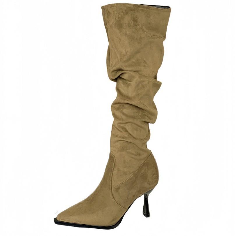 High Heel Pointed Khaki Suede Pile Boots Women's Shoes 2025 Autumn and Winter Single Boots Skinny Long Knight Boots