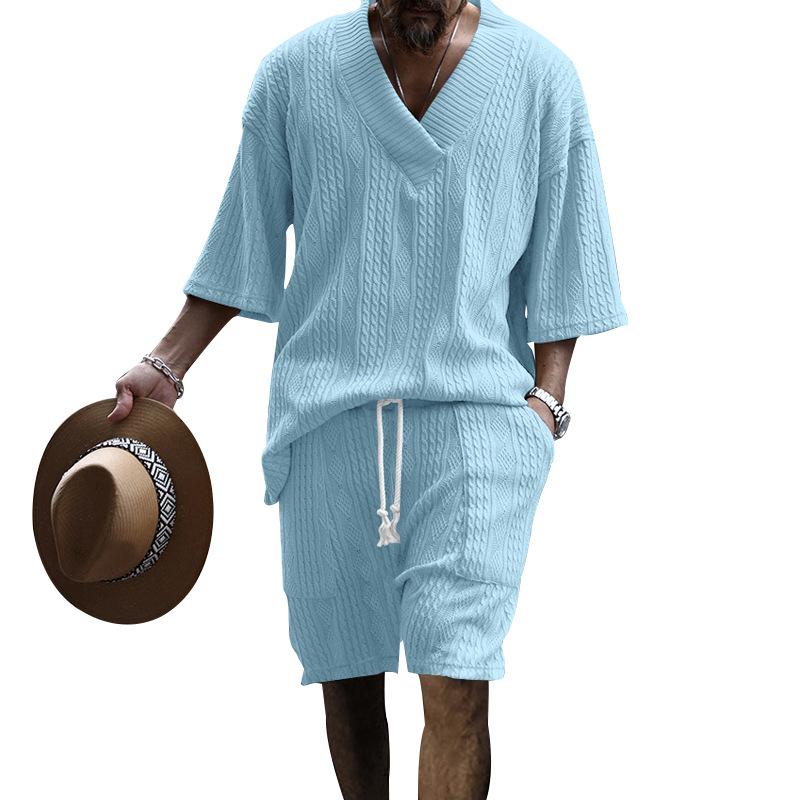 Yaz Rahat Şort Set Örme Iki Parçalı erkek Giyim V Yaka Kısa Kollu T-shirt ve Şort streetwear Örgü Kıyafetler