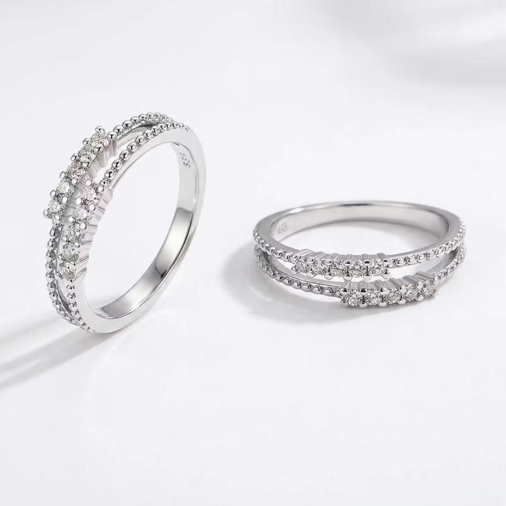 Elegant Double Layer Zircon Ring - Women's Light Luxury Cross-Border Design, Niche Double Row Diamond Ring, New High-End Style.