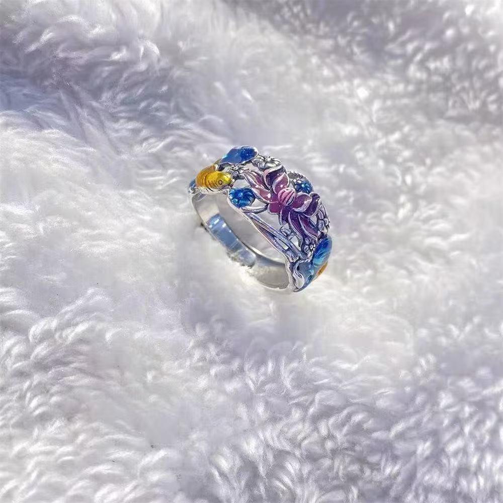 Emaille Lotus Koi Retro Kleurrijke Ring - Verhelder Huid Temperament met Artistieke Flair