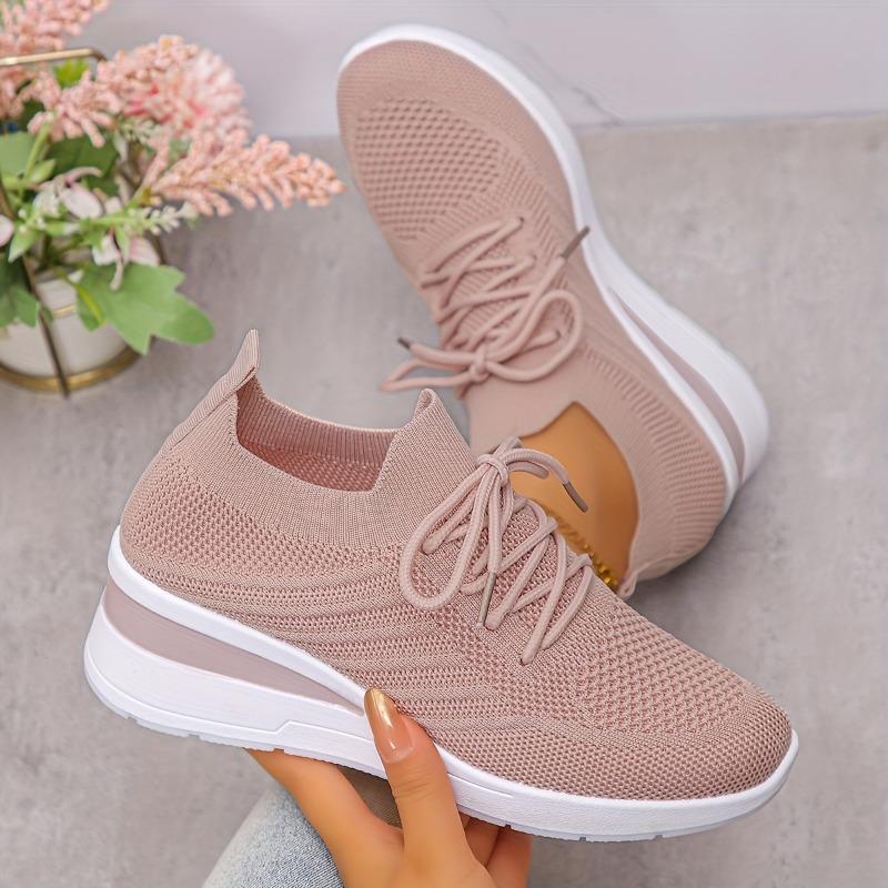 Pair of Women'S Low-Top Sneakers - Breathable Knit Fabric Upper, White & Gray Accents, Lace-Up Casual Shoes with Cushioned PVC Sole for All-Season