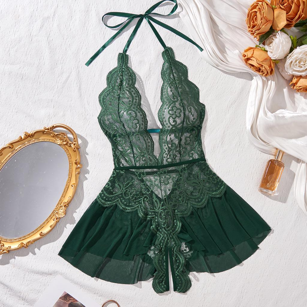 New Sexy Crotchless Pink Lingerie Women Set Lace Patchwork Hollow Bodysuit Erotic Pajamas Teddy Babydoll Dress Deep V Open Bra