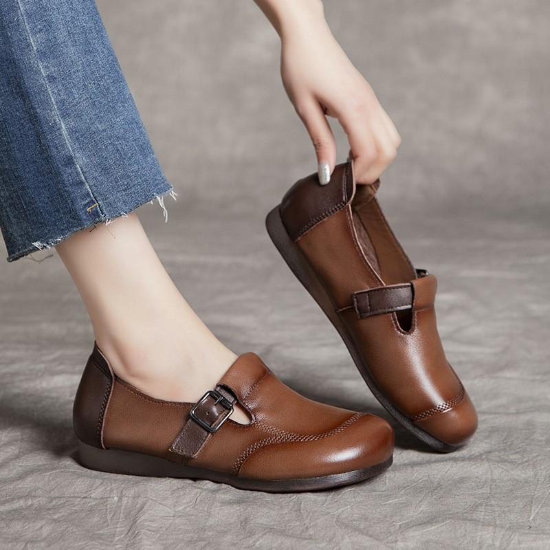 Johnature Round Toe Soft Soled Flat Shoes Casual Genuine Leather Loafers Versatile Women's Slip-on Shoes