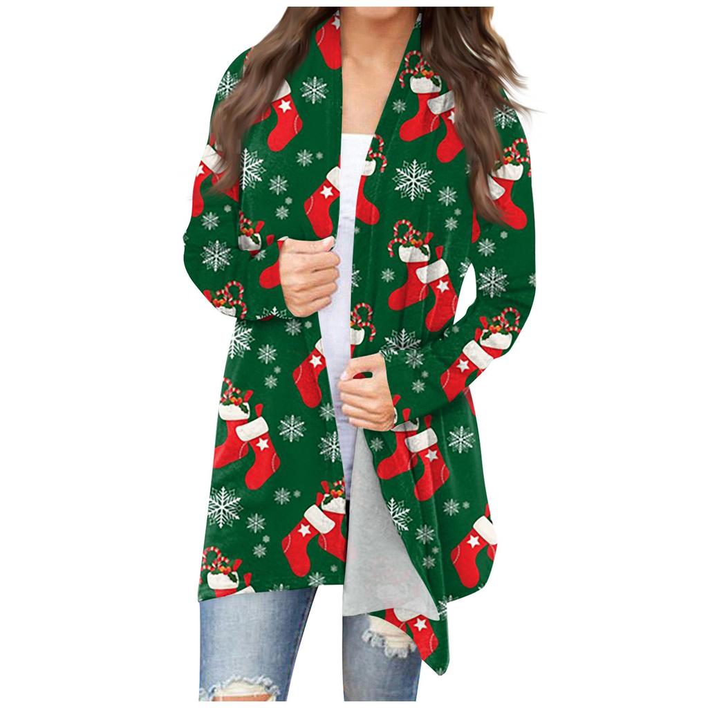 Damenmode, lässig, Weihnachtsdruck, mittellanger Cardigan-Jackenmantel