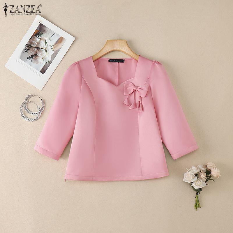 ZANZEA Women Casual Round Neck 3/4 Sleeve Loose Satin Blouse