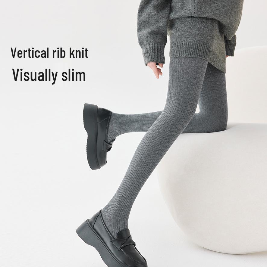 Women's Thickened Wool Cable Knit Pantyhose - Cashmere Warm, Vertical Stripe, Hip-Lifting Leggings with Right-Angle Heel for Autumn & Winter