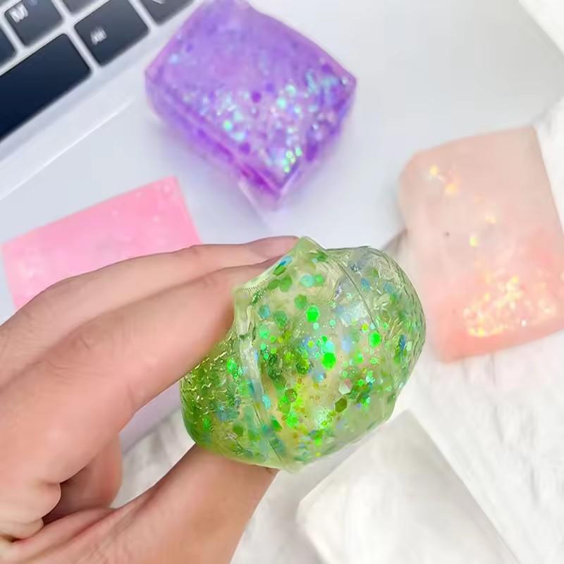 Glitter Ice Cube Squishy Toy, Malt Sugar Gel Slow Rise Stress Relief Cube for Anxiety