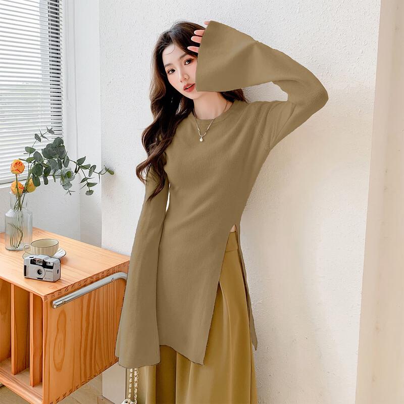 

Mokaana Women s Fall Flare Sleeve Split Hem Knit Sweater MKNJD4045 One Size