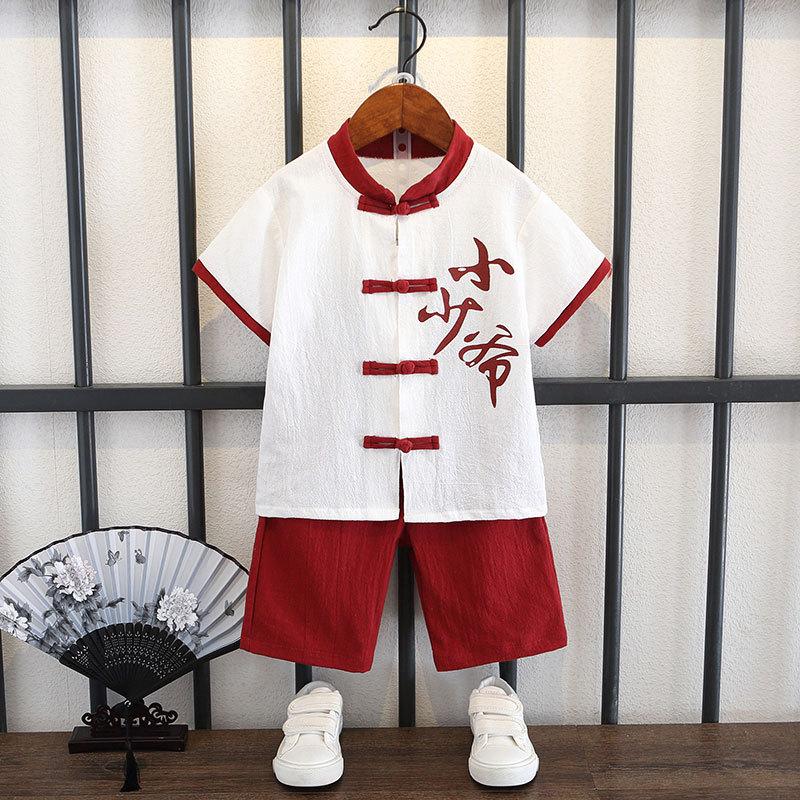 Completo Estivo da Ragazzo a Maniche Corte Stile Cinese per Bambini Hanbok Bello Completo Tang Cotone Lino Sezione Sottile di Abbigliamento Antico
