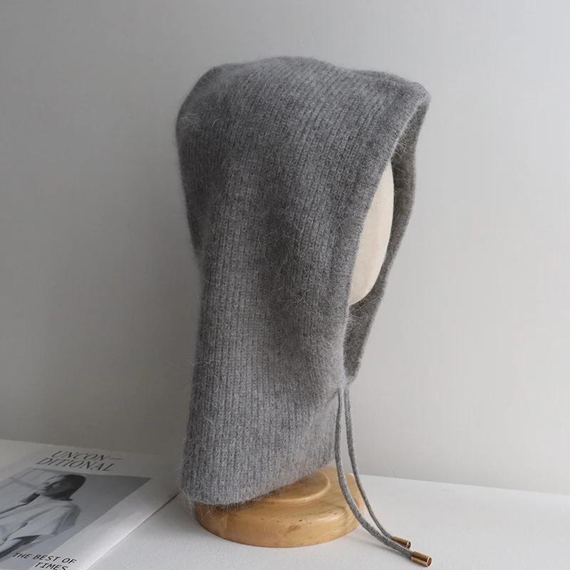 Kaninchenfell Gestrickter Schal Kapuze Sturmhaube Damen Kaschmir Mützen Winter Unisex Warm Ski Mütze Outdoor Ohrenschutz Mütze