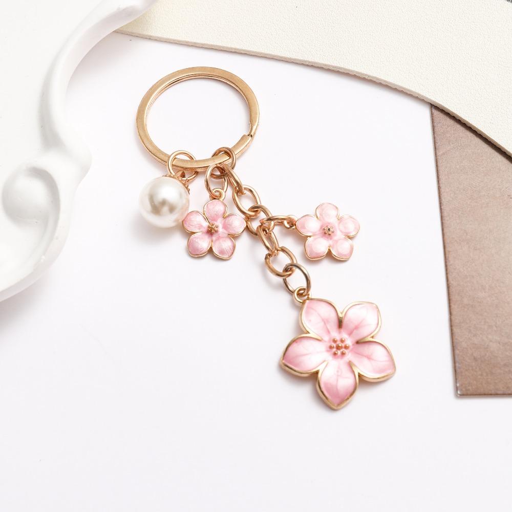 Alloy Cherry Blossom Keychain Enamel Coating Cute Bag Charm Durable Pearl Drop Keyring For Women