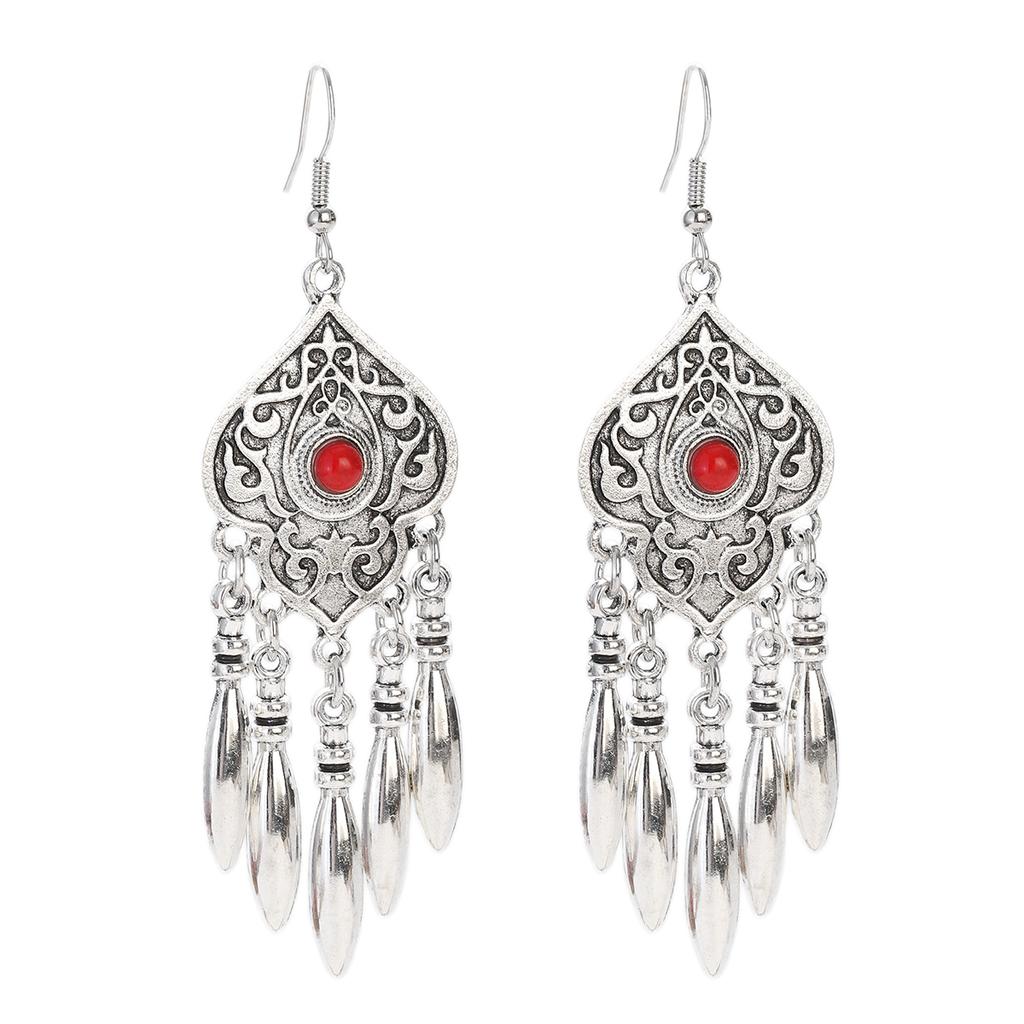 Vintage Ethnic Natural Stone Indian Earrings Jhumka Female Antique Silver Plated Geometric Carved Earrings Party Tassel Jewelry