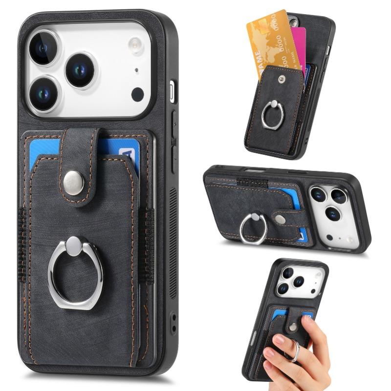 Retro Metal Ring Car Mount Magnetic Card Holder Pu Leather Phone Case For Iphone 18