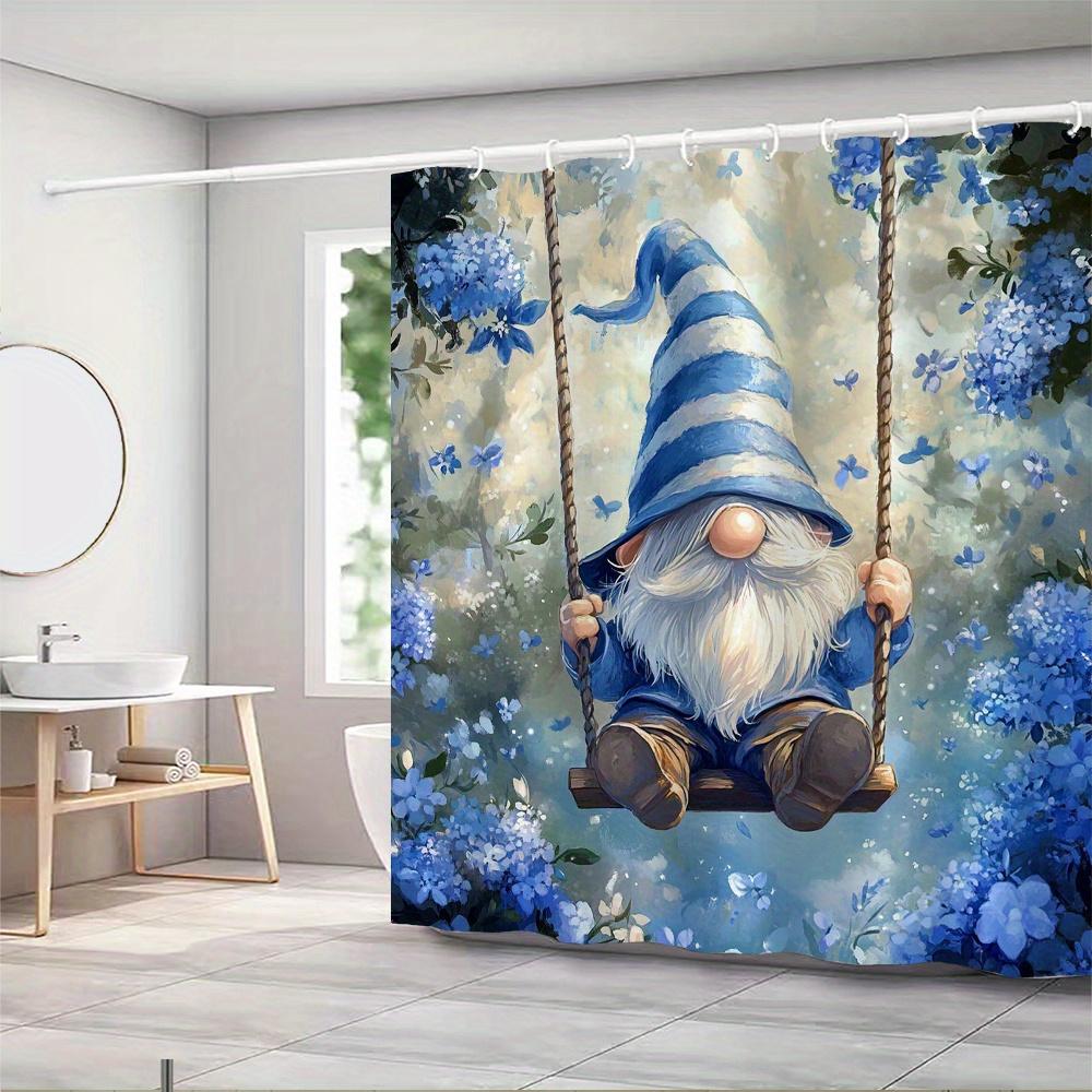 Okouzlující trpaslík na houpačce Vodotěsný sprchový závěs odolný proti plísním - Modrý květinový design pro rozmarnou koupelnovou výzdobu