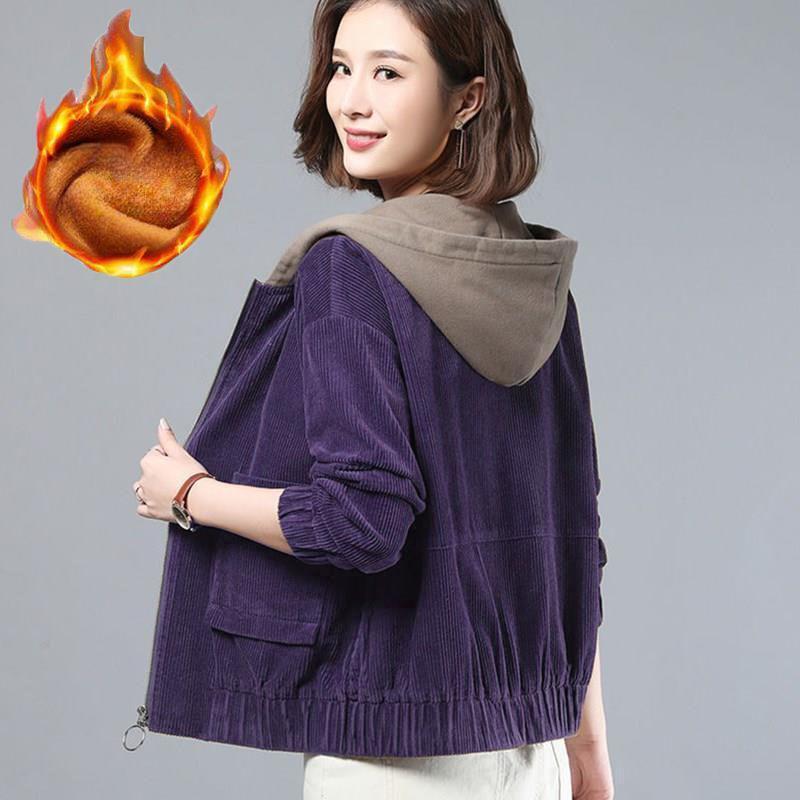 Women's Corduroy Jacket Winter Spring Autumn Plus-size Loose Fleece Hooded Jacket Short