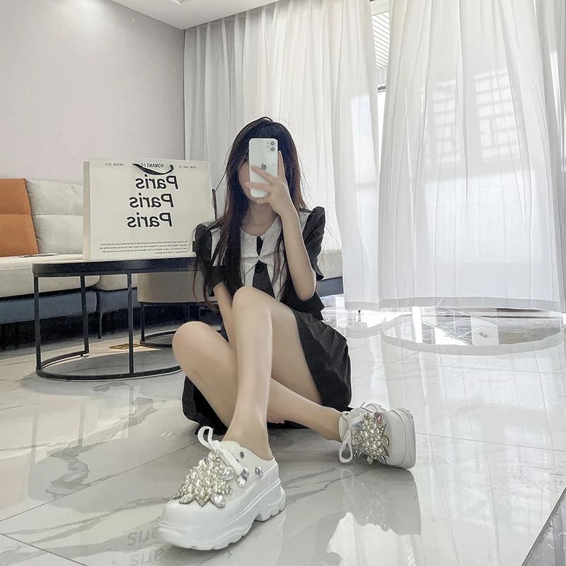 Primăvară Nou Adidași de Damă Papuci Designer Mules cu Platformă Sandale Plate Dulci Casual cu Șireturi Cristal de Perlă Pantofi de Damă Decupați