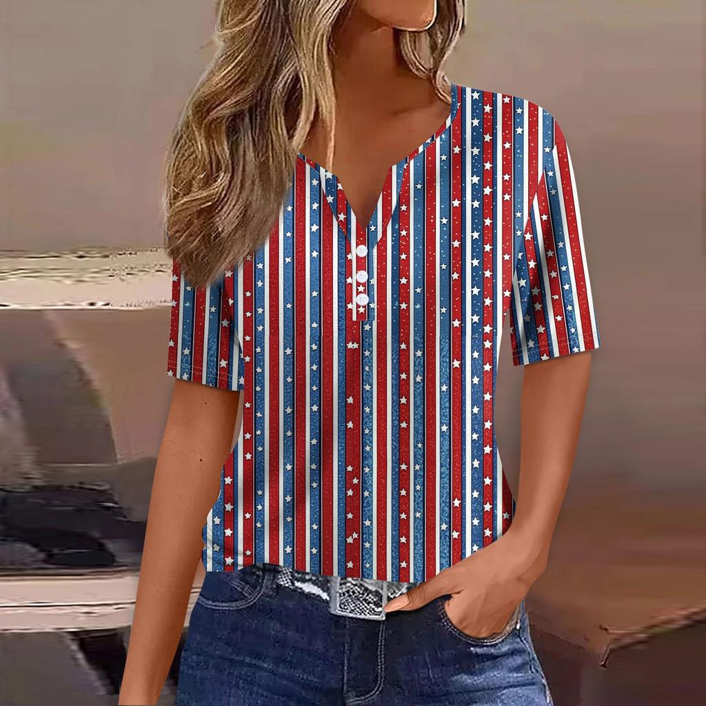 Women's T Shirt Tee Independence Day Print Button Short Sleeve Daily Weekend Fashion Basic V-Neck Regular Top