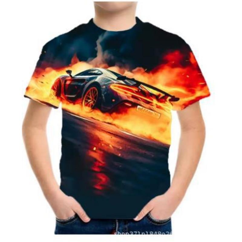 Summer Round Neck 3D Racing Series Printed Top Fashionable Casual Short Sleeved Children's Boy T-shirts