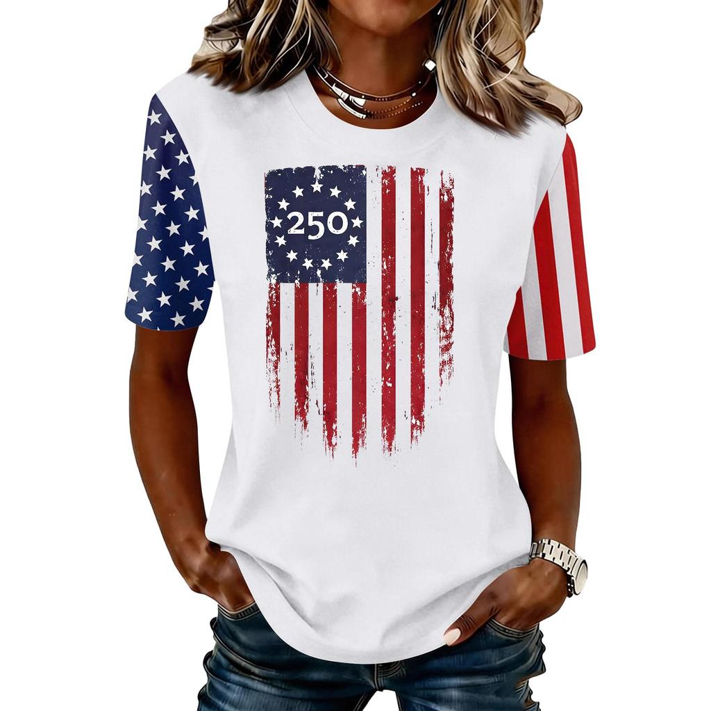 Women's Casual Short Sleeve T-Shirt Crew Neck 250th Independence Day Graphic Print Lightweight Summer Top