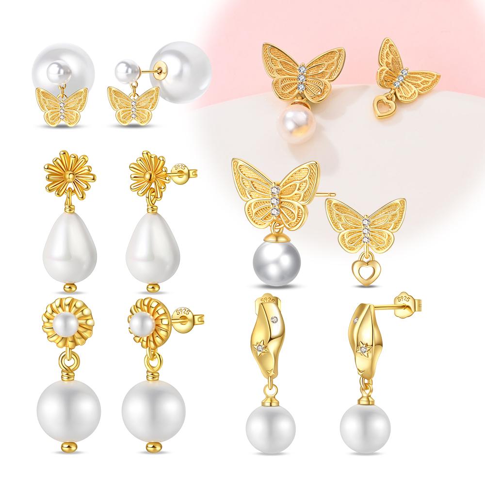 Pearl Sweet Gold-colored Earrings for Women Girls Trendy Fashion Jewelry High Quality Dainty Elegant Gift