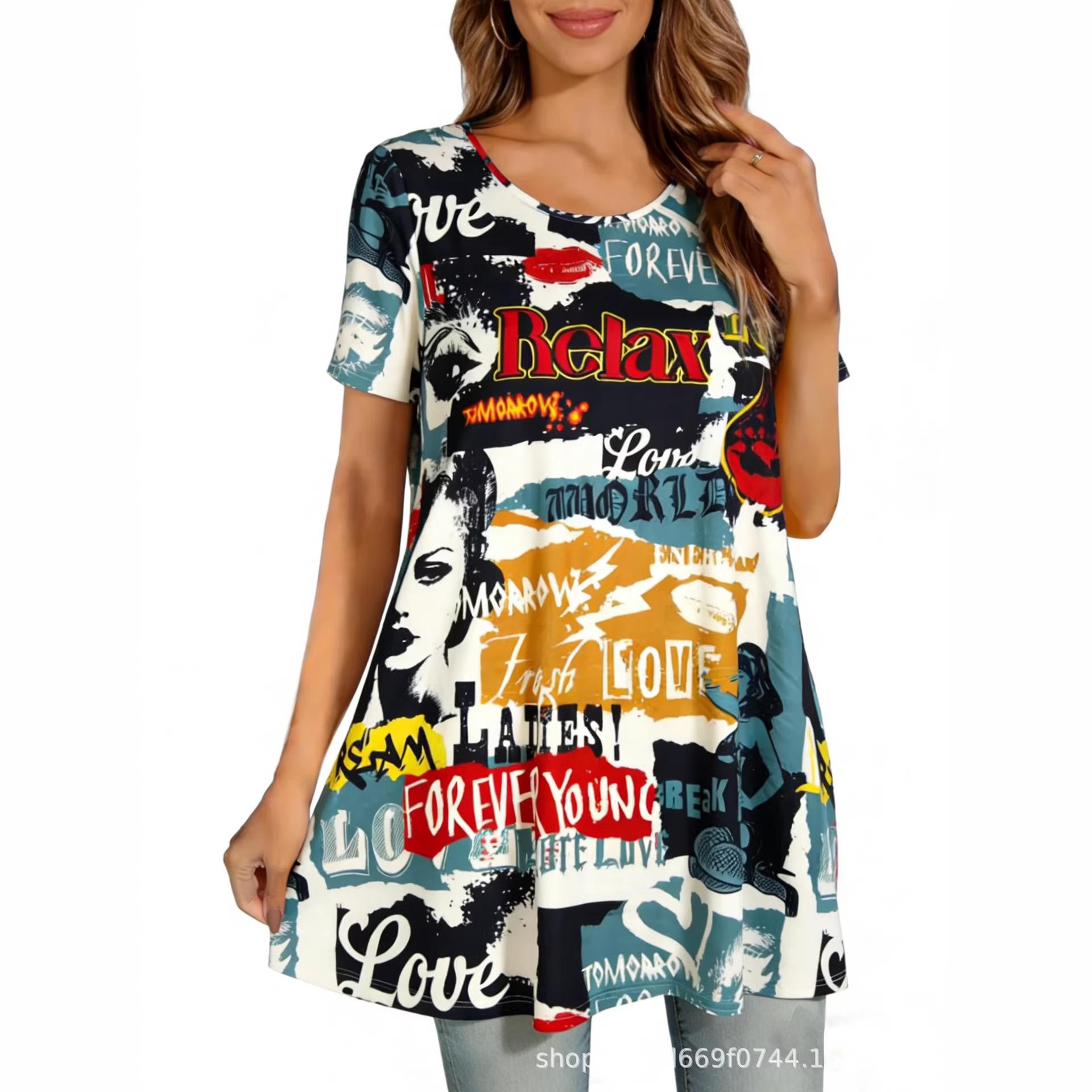 Women s Spring/Summer Short-Sleeve Long Top - Digital Print T-shirt 1XL