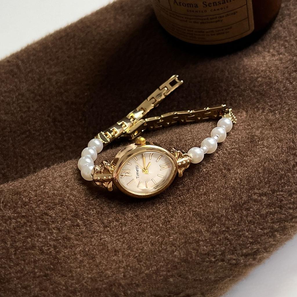Retro Gold Klein Römisches Zifferblatt Damen Uhr Luxuriöses Elegantes Design Perlen Armband Damen Quarz Armbanduhr Mädchen Uhr Geschenke