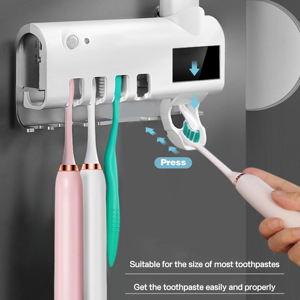 Toothbrush Sanitizer Holders with UV Rays Rechargeable Solar Power Automatic Toothpaste Dispenser Wall Mount Toothbrush Organizer
