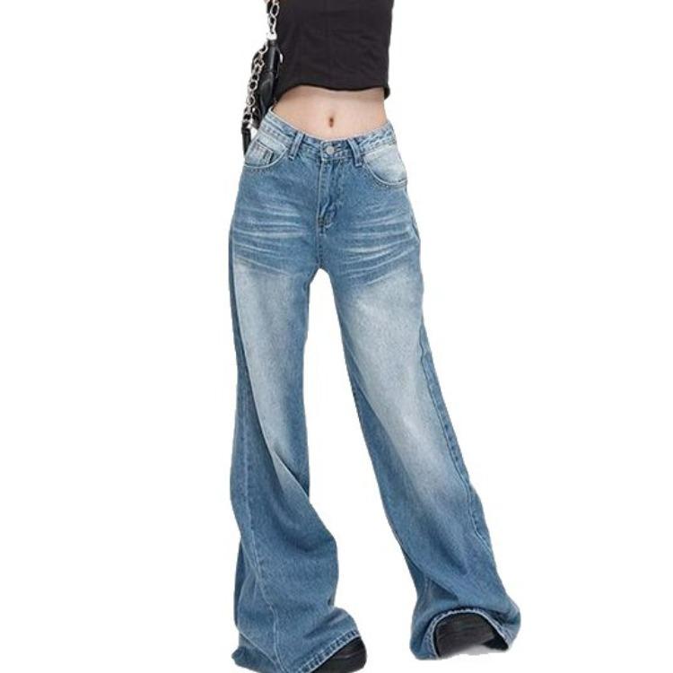 Retro High-waisted Wide-legged Jeans Women Autumn Loose Versatile Straight Draping Dragging Ground Trousers Jeans for Women Long Denim Pants