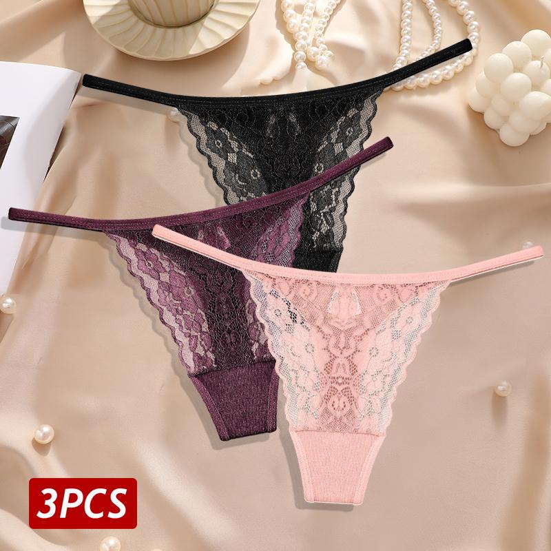 New 3Pcs/Set Sexy Lace Floral Panties For Women Low Waisted Thongs Briefs Sets Fashion Cozy Transparent Intimates Lingerie S-XL