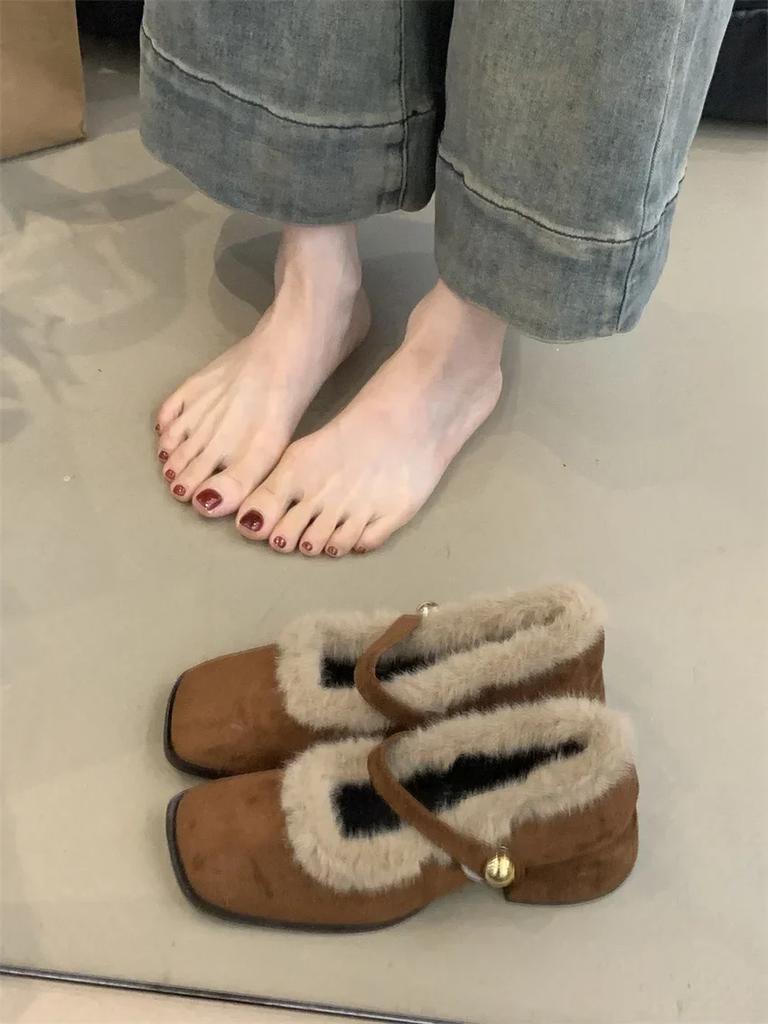 Fashion Coarse Heel Bag Head Mary Jane Shoes 2025 New French Temperament Elegant Suede Word Plush Lazy Fluffy Shoes