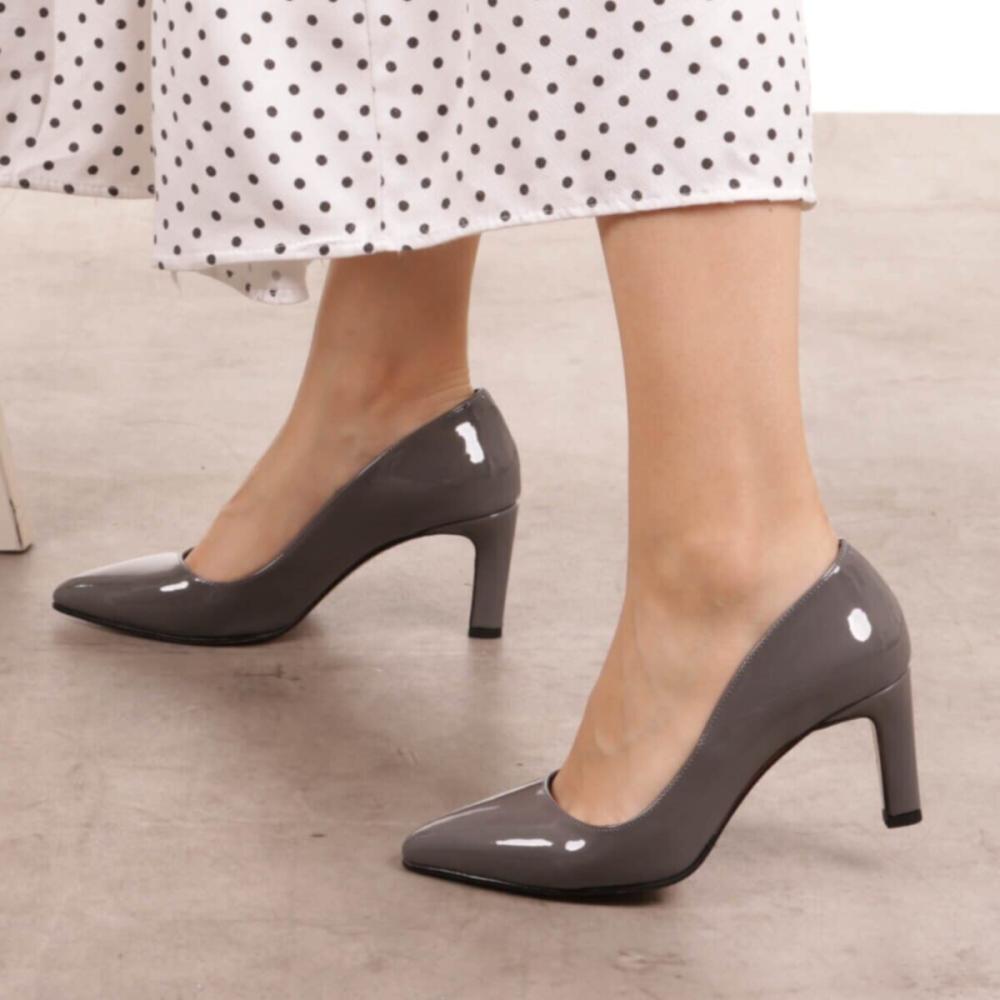Women's Fashion Gray Patent Leather Heeled Shoes