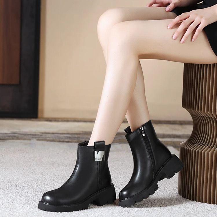 Winter Women Shoes Round Toe Chunky Heel Boots  Leather Shoes for Women Warm Wool Snow Boots Zipper Platform Shoes Wome