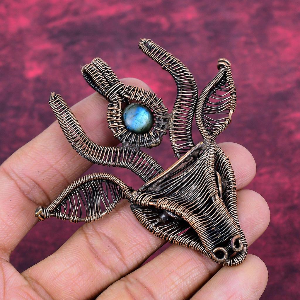 Labradorite Pendant Unique Cow Face Pendant Gemstone Copper Wire Wrapped Jewelry