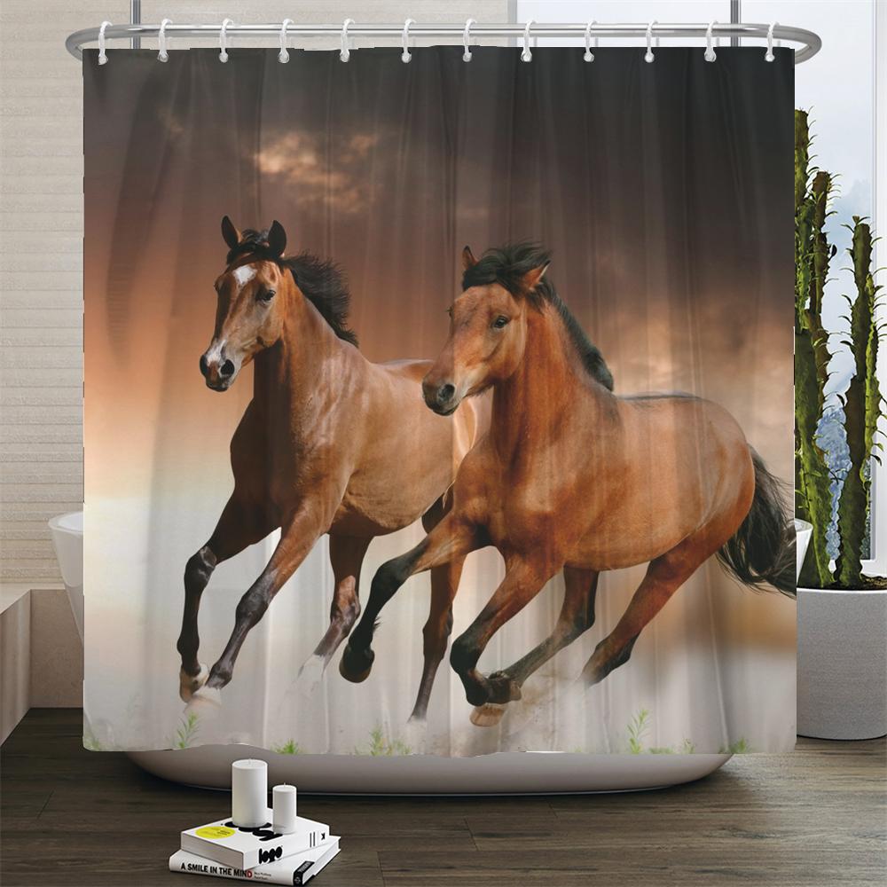 Running Horse Shower Curtains Bathroom Curtain With Hooks Decor Waterproof Animal Bath Polyester Fabric 3D Cortinas De Ducha
