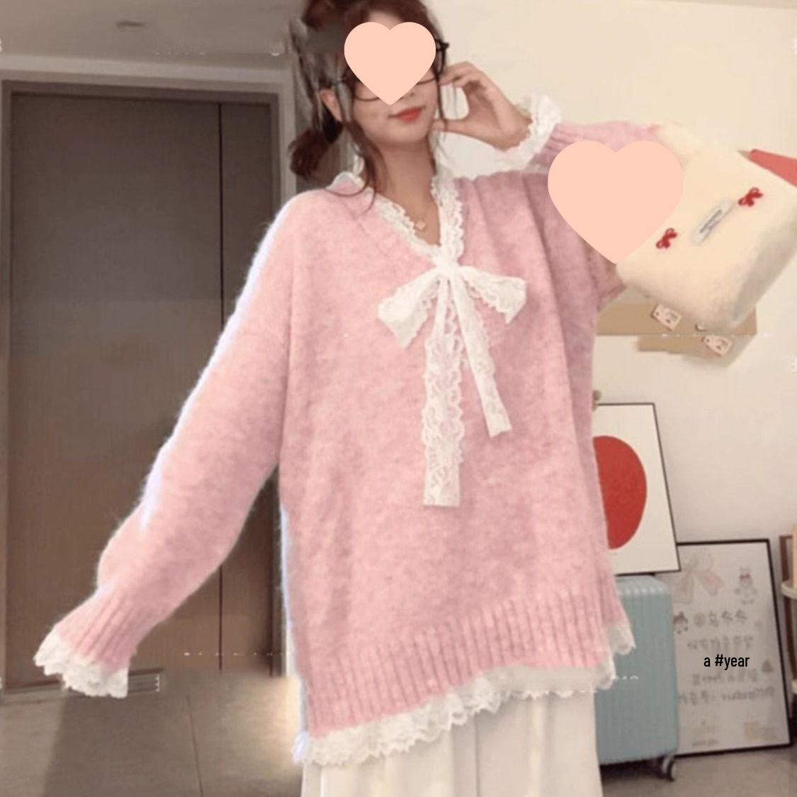 

Grey Lace Long Sleeve Loose Knit Sweater - Spring/Autumn Design 2XL [approx. 60-65 kg] рожевий