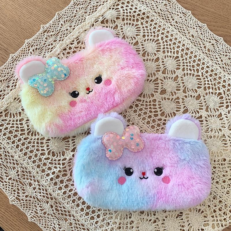 Colorful Pencil Case Plush Pencil Cases For Girls Trousse Cute Bow Kalemlik School Supplies Pencil Pouch