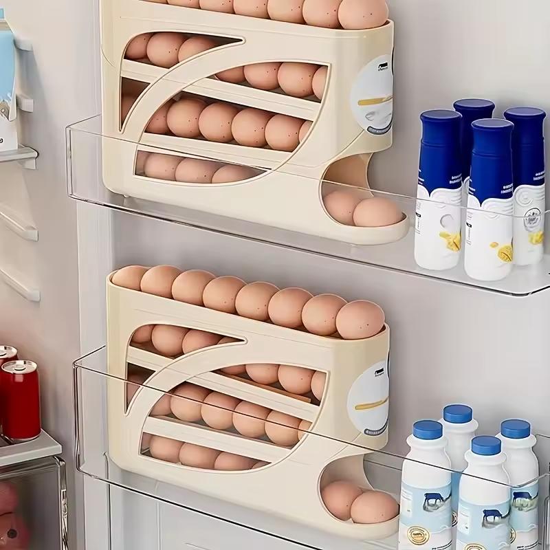 4-Tier Sliding Egg Dispenser, Automatic Rolling Shatterproof Holder For Fridge & Countertop, Easy-Clean, Washable,Space-Saving Refrigerator Side