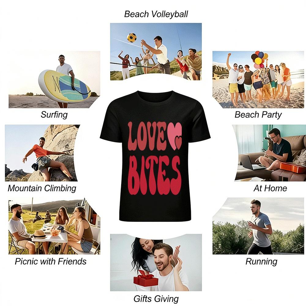 Retro Love Heart LOVE BITES Print Casual Couple Crew Neck Tee Pure Cotton T-shirt