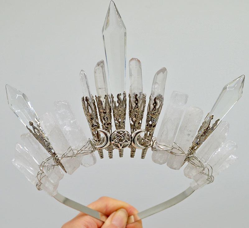 Retro Silver Moon Crystal Glass Crown Headband