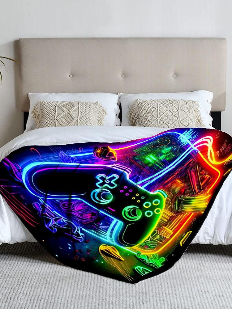 1 Piece Neon Game Controller Theme Flannel Blanket, Perfect for Sofa, Bed, Office. Ideal Gift for Family, Friends, Holidays.