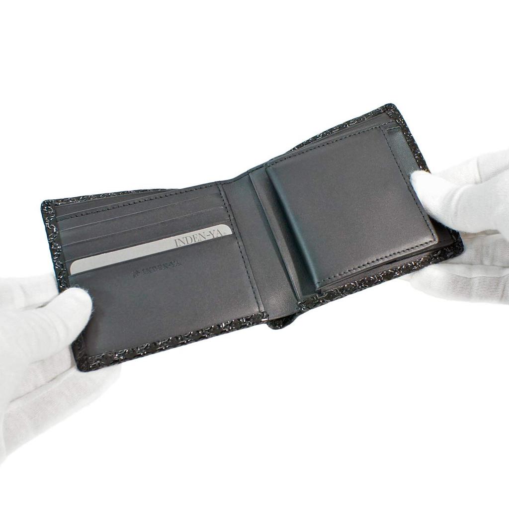 [Inden-ya] Inden Bifold Wallet with Small Bill Compartment and Box-Shaped Coin Purse, Deerskin Leather, Black with Black Lacquer, Small Ring Pattern,