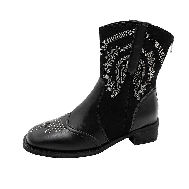 Ankelcowboyboots for kvinner semsket skinn ekte lær broderi cowgirl chunky hæler sko vinter korte ankelstøvletter