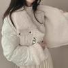Women Short Medium Length Down Jacket Winter Warm Stand Collar Solid Color Casual Outerwear Coat