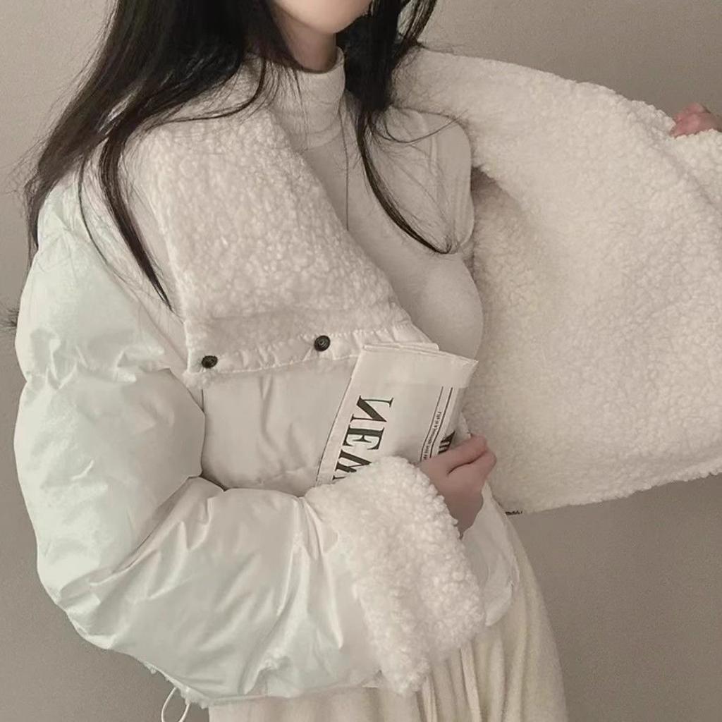 Women Short Medium Length Down Jacket Winter Warm Stand Collar Solid Color Casual Outerwear Coat