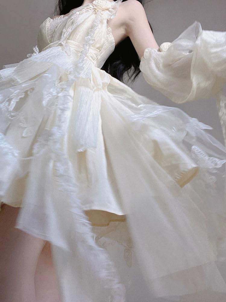 Lady Lazy Lolita with Arm Cream Dress, Sleeveless, Cosplay, White, Asymmetrical, Knee-Length, Covers,