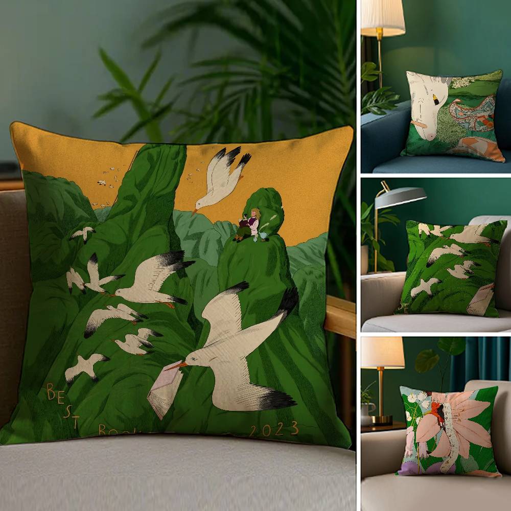 Green Illustration Advanced Pillow Case Home Double-Sided Printing Short Plush Colorfast Microfiber Cushion Cover