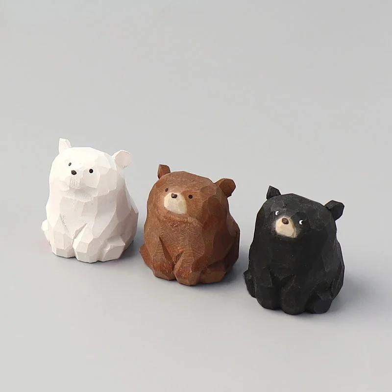 Rzeźbiony niedźwiedź z litego drewna, drewniane, słodkie figurki niedźwiedzi miniaturowych, dekoracja do salonu, figurki dekoracyjne
