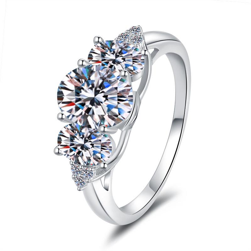 Three Stone Ring S925 Sterling Silver GRA Certificate Round Cut D Color VVS1 Moissanite Anniversary Wedding Ring for Women