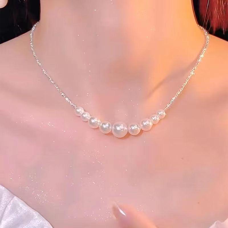 

NK-42 Silver Pearl Choker Necklace – Luxury Women s Clavicle Chain